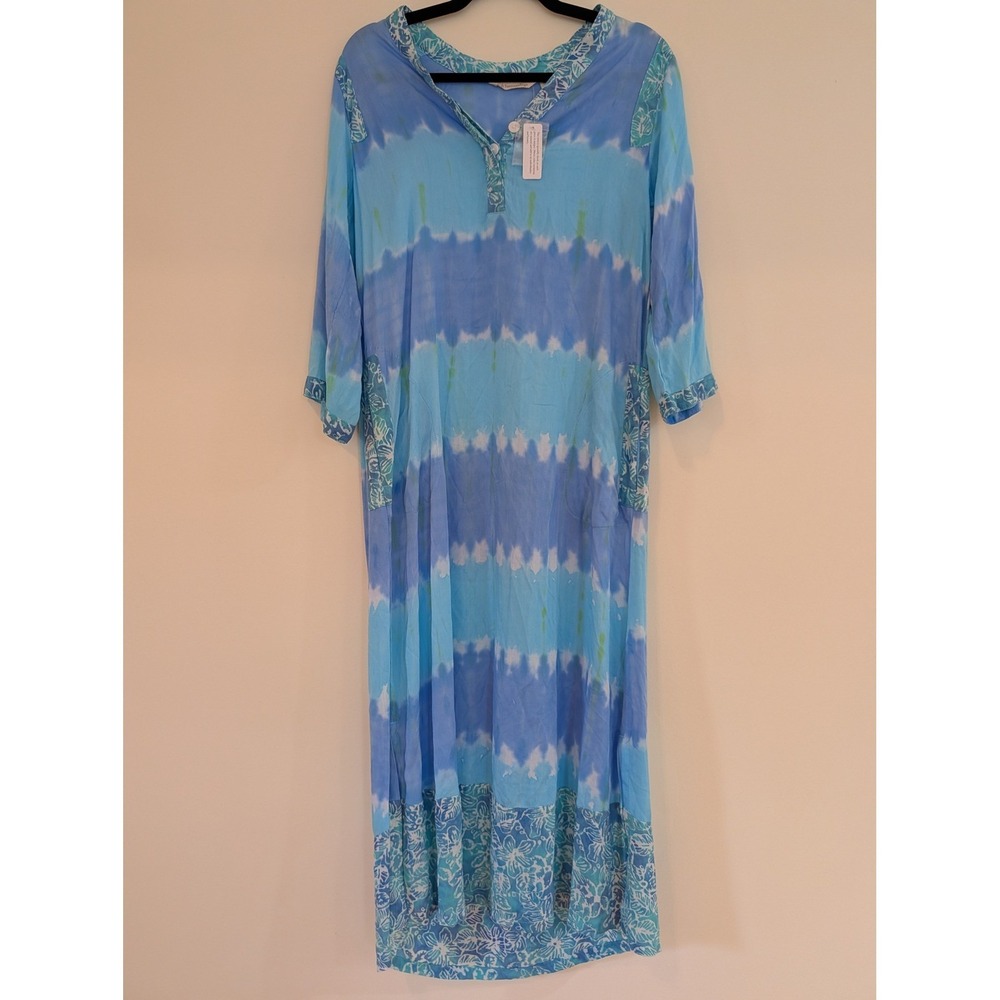 Soft Surroundings Blue Tie Dye Maxi Caftan Dress Floral Trim Pockets XS 2DA26